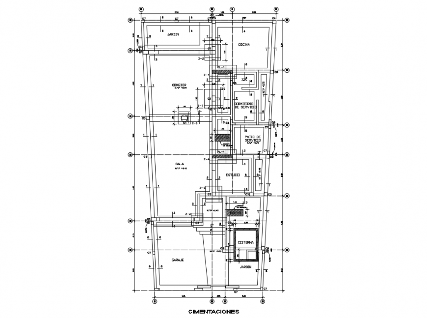 Residential house foundation plan and constructive structure details dwg file