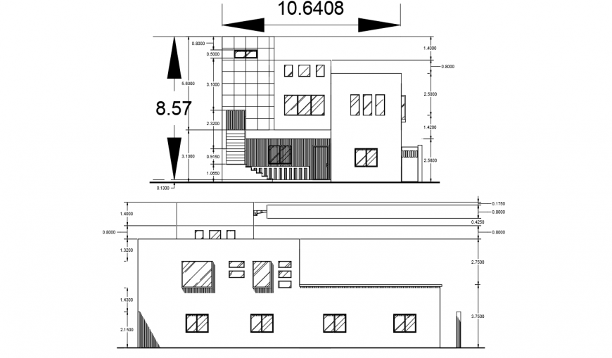 Residential house frontal and back elevation cad drawing details dwg file