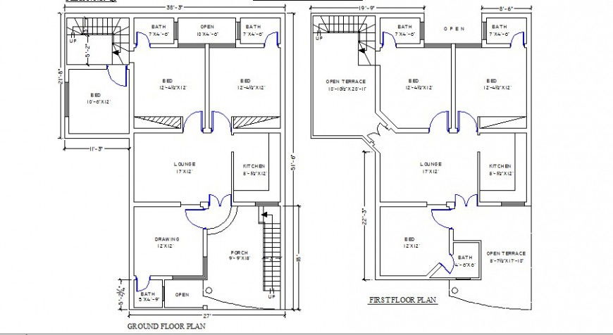 Residential house ground and first floor plan cad drawing details dwg file