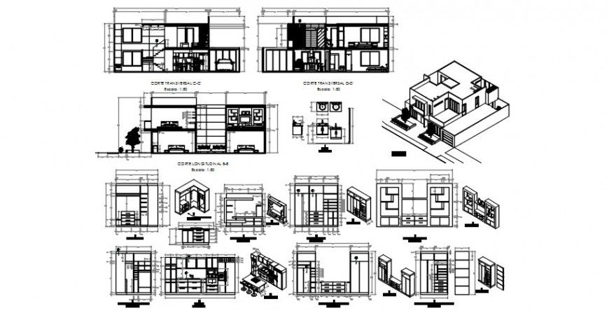 Residential house isometric elevation, sections, floor plan and furniture drawing details dwg file