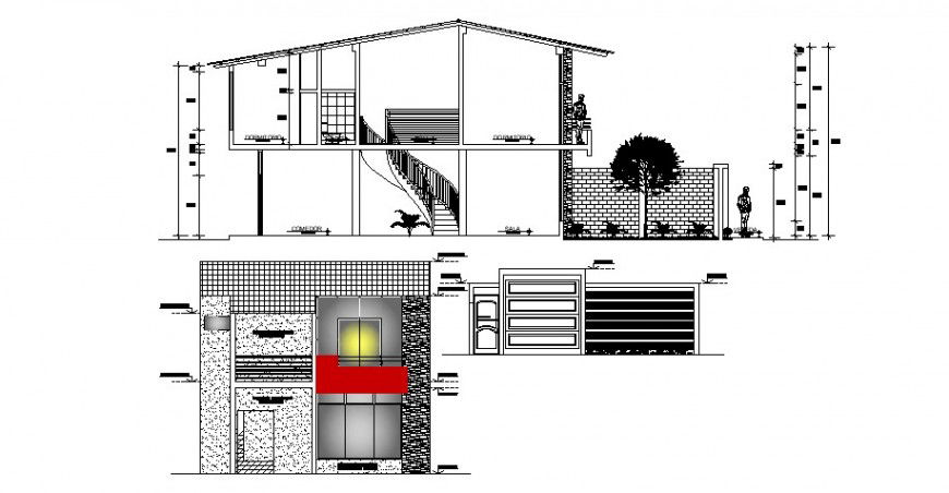 Residential house main elevation, section and compound wall details dwg file