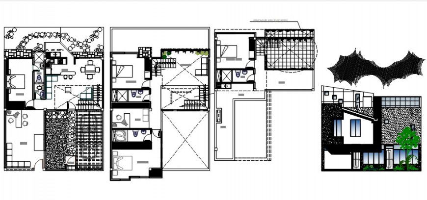 Residential house main elevation and floor plan details with furniture drawing details dwg file