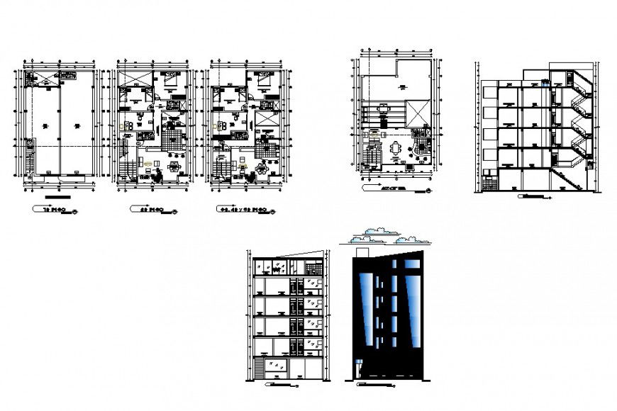 Residential house plan, elevation and sectional detail 2d view layout file in dwg format