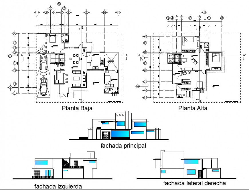 Residential house plan and elevation detail dwg AutoCAD file