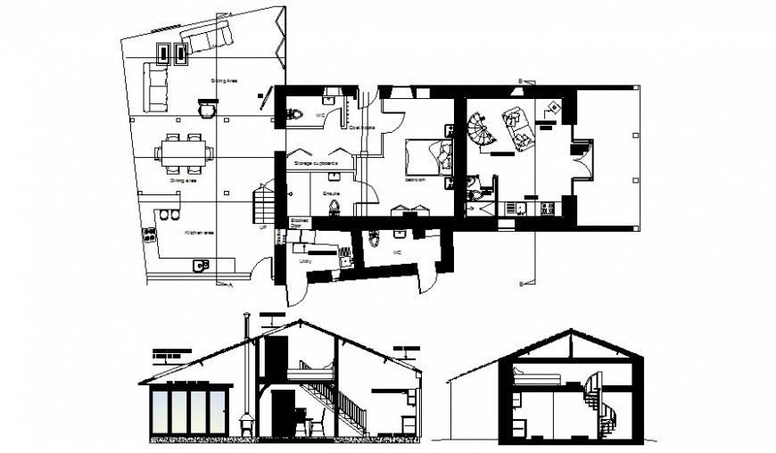 Residential house plan and section drawing in autocad