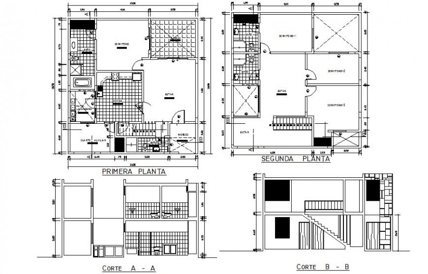 Residential house plan with sectional details in autocad