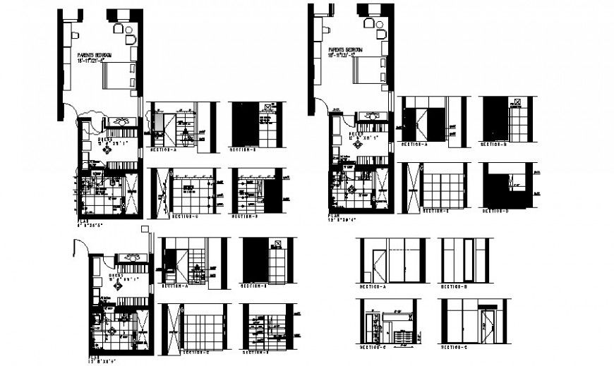Residential house room details drawing a plan and section autocad file