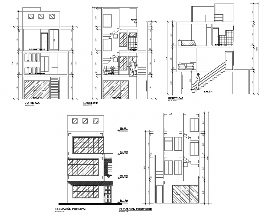 Residential house three level-elevation and sections drawing details dwg file