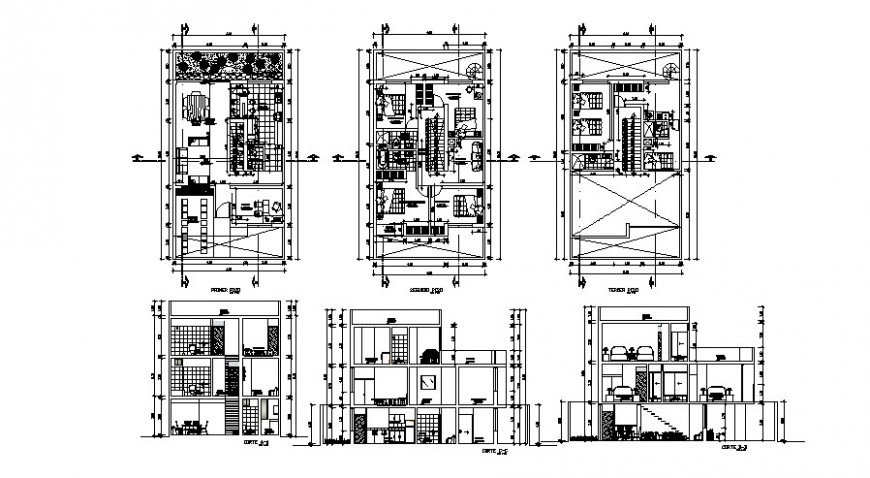 Residential house three story elevation, section and floor plan cad ...