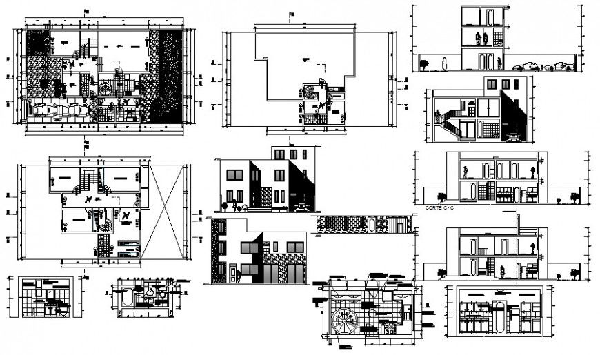 Residential housing apartment plan elevation and section drawing in AutoCAD