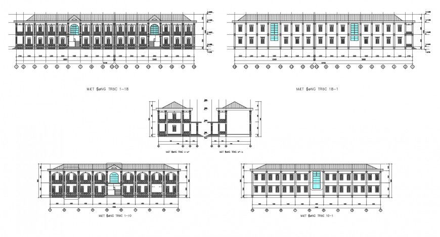 Residential housing building all sided elevation and back sectional cad drawing details dwg file