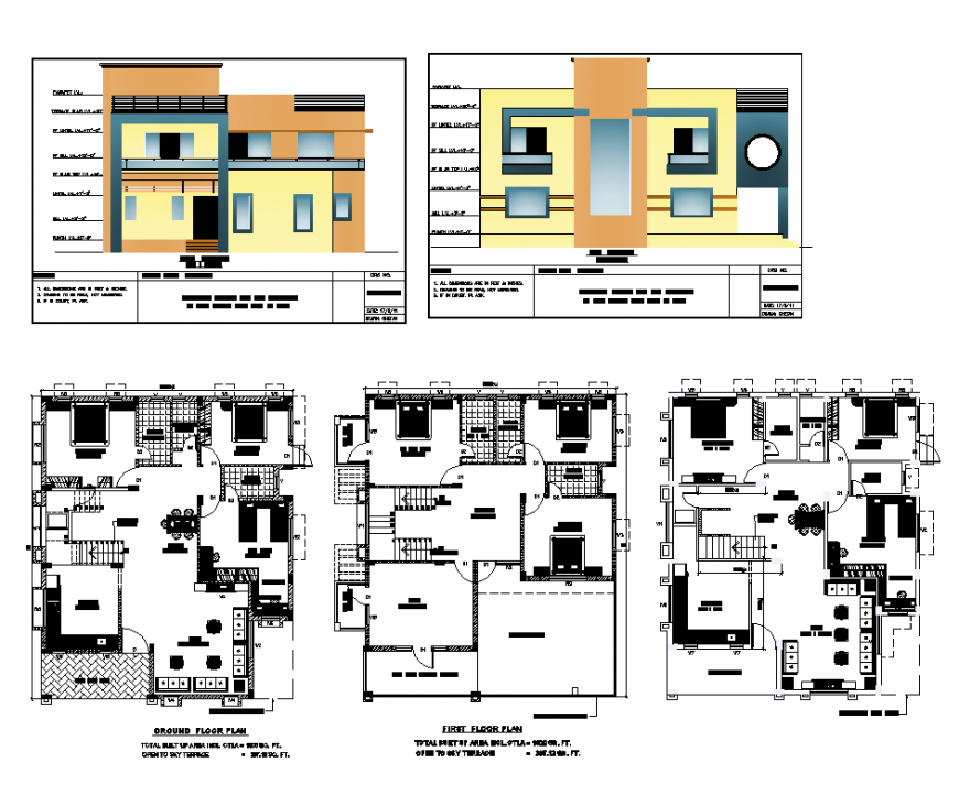 Residential housing building detail elevation 2d view layout autocad file