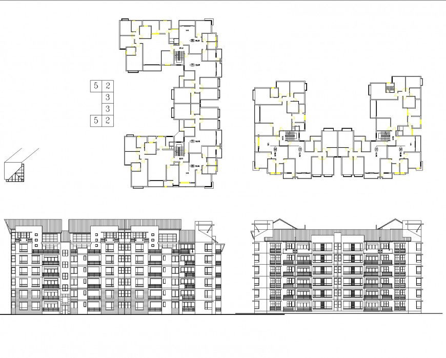 Residential housing building elevation and plan dwg file