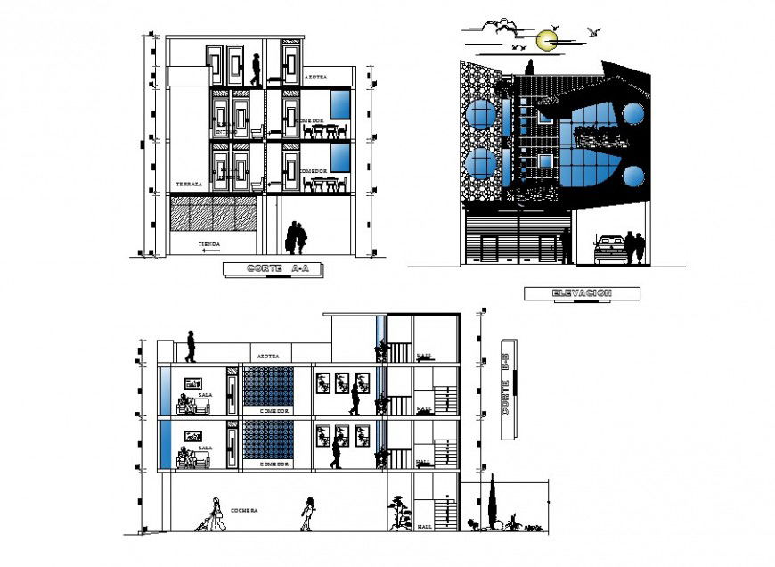 Residential housing building in Florida elevation and section cad drawing details dwg file