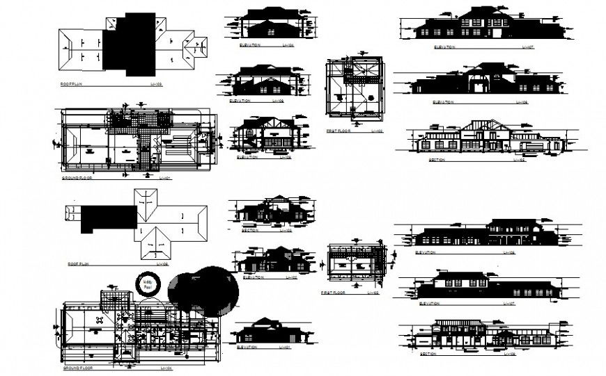 Residential housing bungalow drawings detail 2d view plan elevation and section in autocad