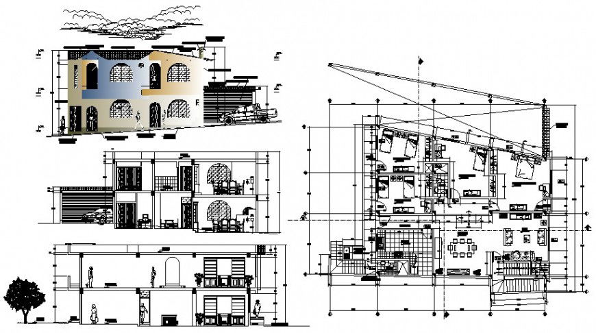 Residential housing bungalow plan elevation and section autocad file