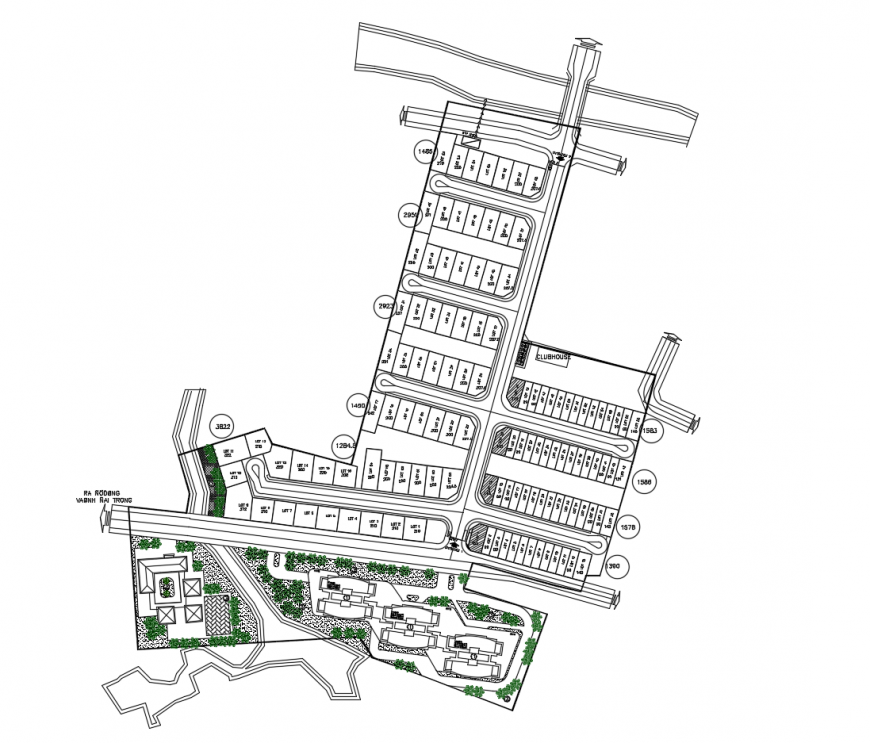 Residential housing plots site plan and landscaping structure details dwg file