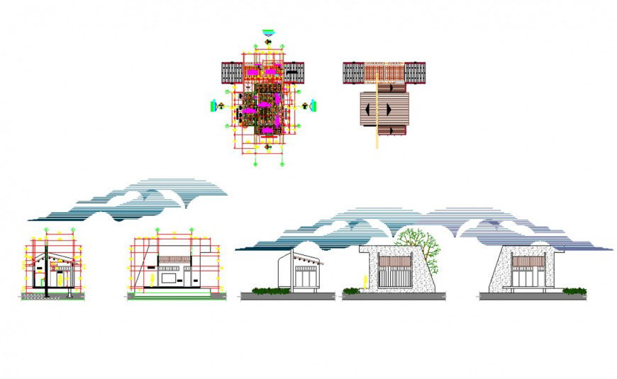 Residential housing structure detail plan and elevation 2d view dwg file