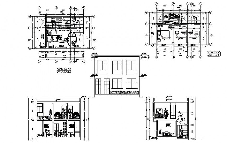 Residential housing units elevation plan and section dwg file
