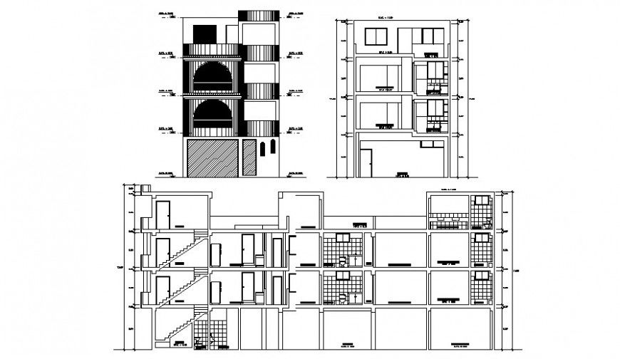 Residential living apartment elevation and section in autocad software