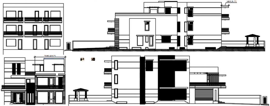 Residential luxuries bungalow all sided elevation drawing details dwg file