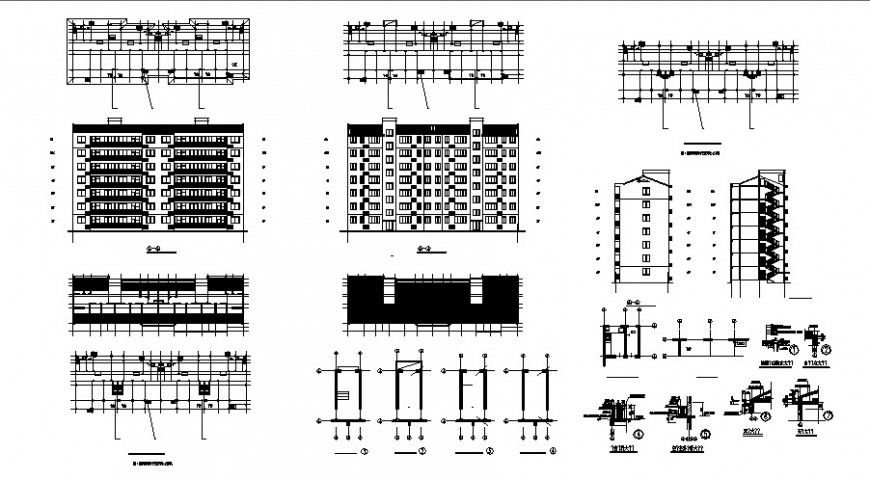 Residential multi-story apartment building all sided elevation and section cad drawing details dwg file
