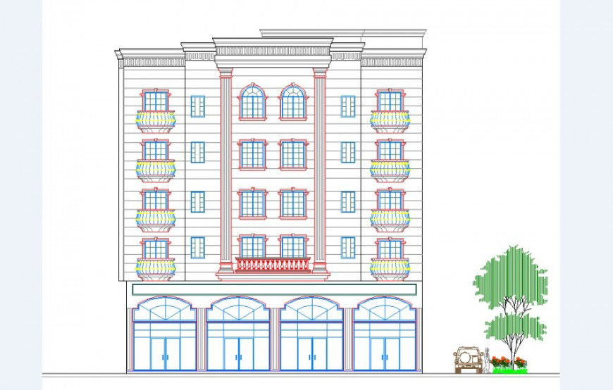 Residential old apartment building back elevation drawing details dwg file