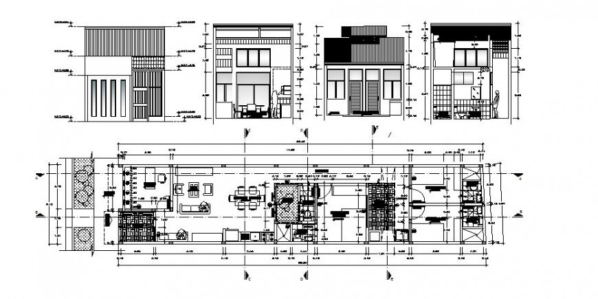 Residential one family house elevation, section and plan details dwg file
