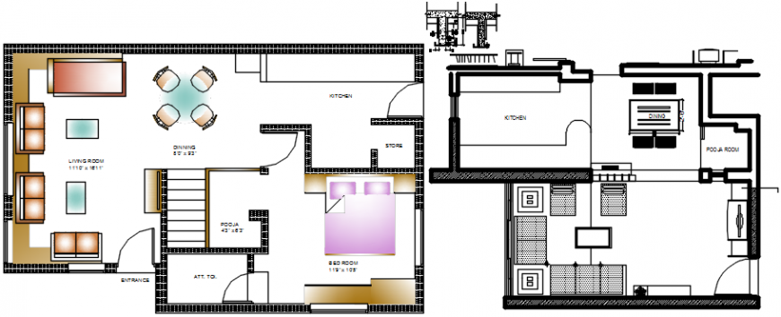 Residential one family house floor plan with furniture cad drawing details dwg file