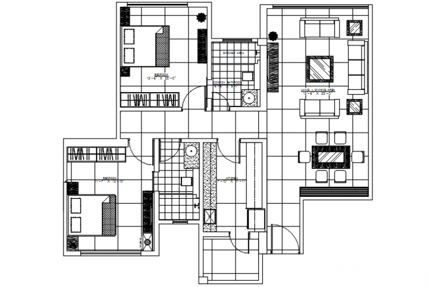 Residential one family two bedroom house layout plan cad drawing details dwg file