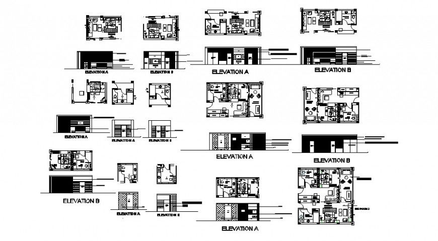 Residential small house all sided elevation, section and floor plan cad drawing details dwg file