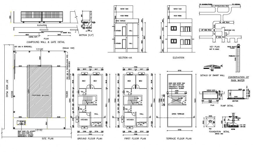 Residential structure building detail plan, section and elevation layout file in dwg format
