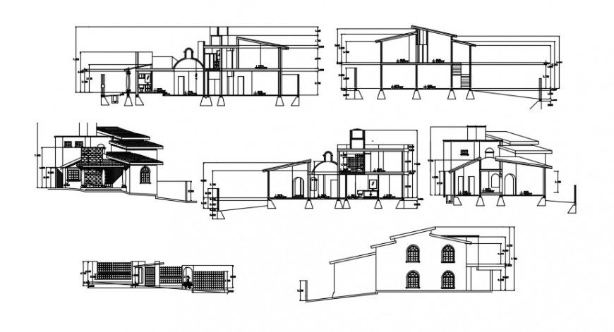 Residential three level bungalow elevation and section drawing details dwg file
