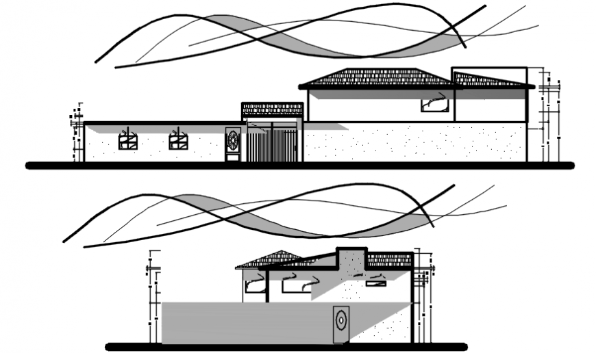 Residential two bedroom house front and side elevation drawing details dwg file
