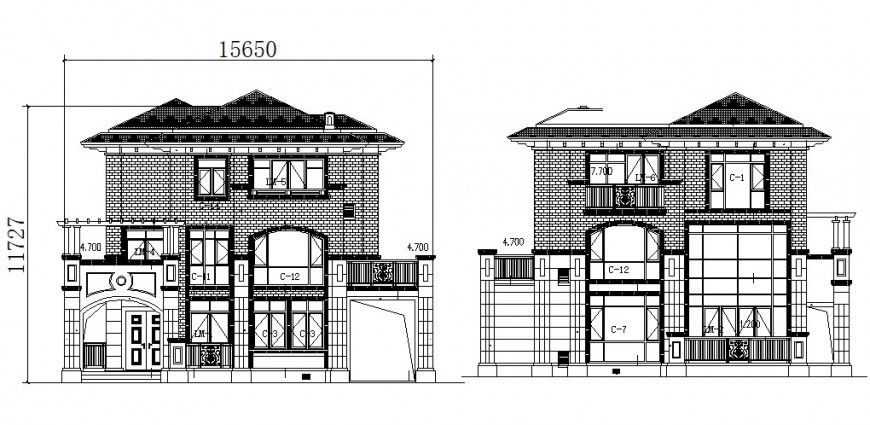 Residential two level cottage house main and back elevation cad drawing details dwg file