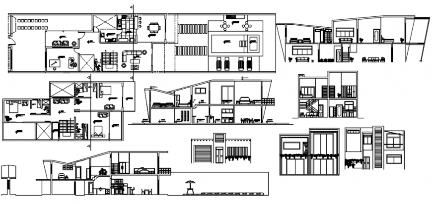 Residential two level house all sided section and floor plan drawing details dwg file