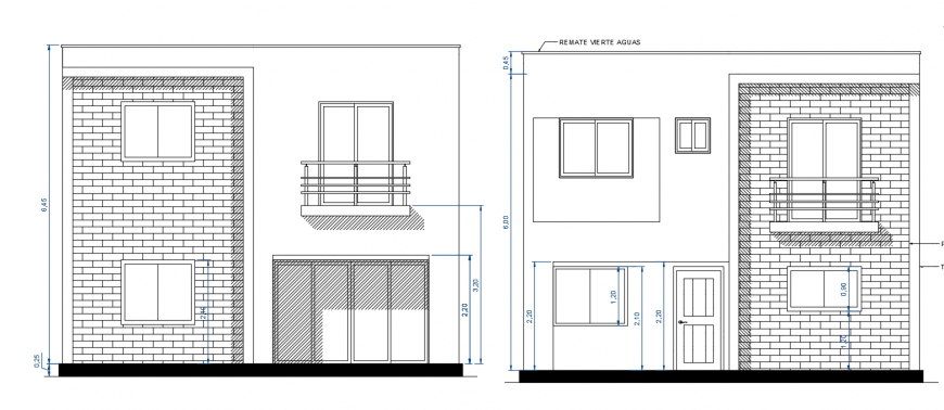 Residential two level house front and back elevation drawing details dwg file