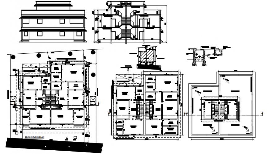 Residential two story bungalow elevation, section and floor plan details dwg file