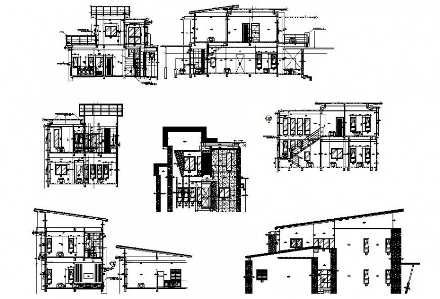 Residential two story house all sided elevation and section cad drawing details dwg file