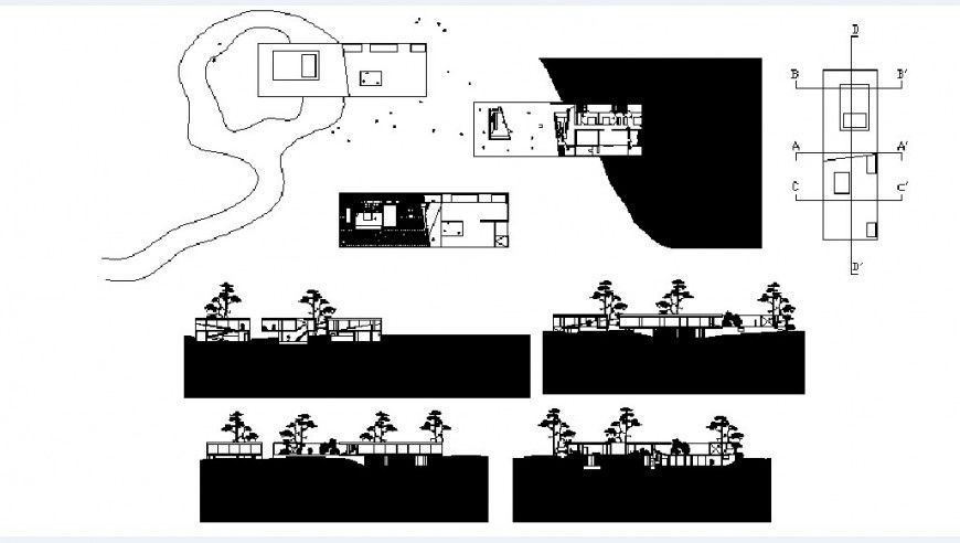 Residential villa all sided section and floor plan cad drawing details dwg file