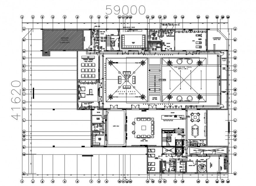 Residential villa distribution plan with furniture drawing details dwg file