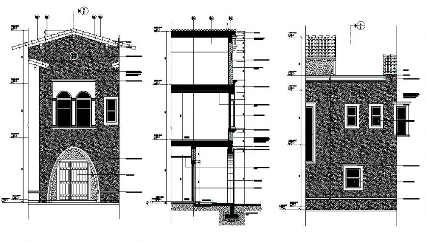 Residential villa front and side elevation and section drawing details dwg file