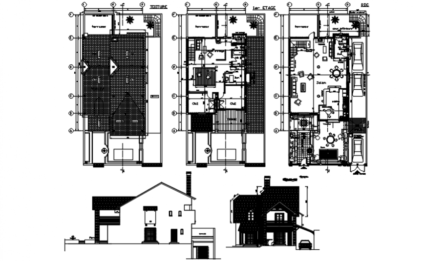Residential villa main and back elevation and floor plan drawing details dwg file