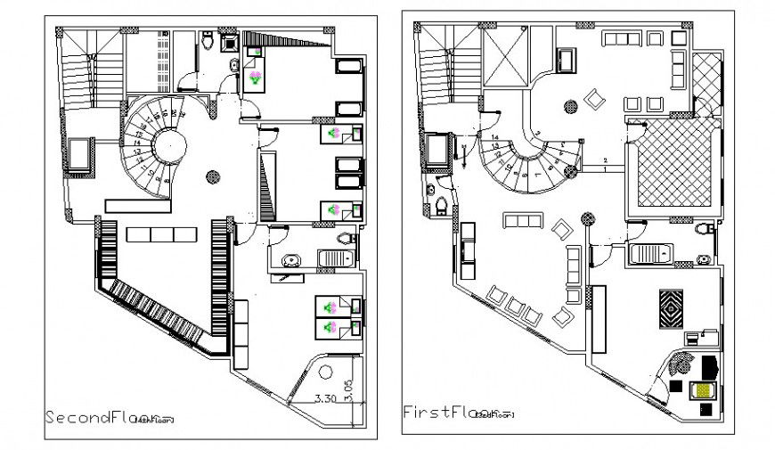Residential villa second and first floor distribution plan cad drawing details dwg file