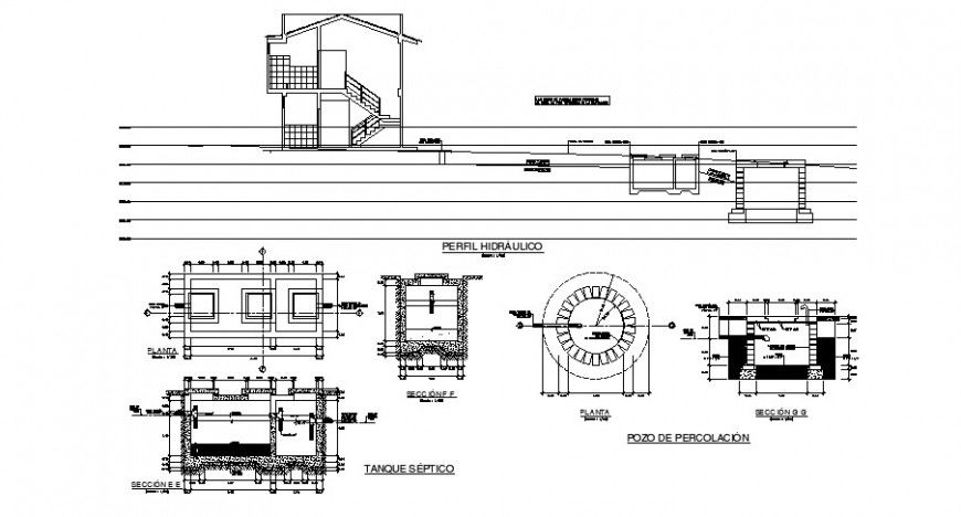 Residential villa section and water tank installation details dwg file