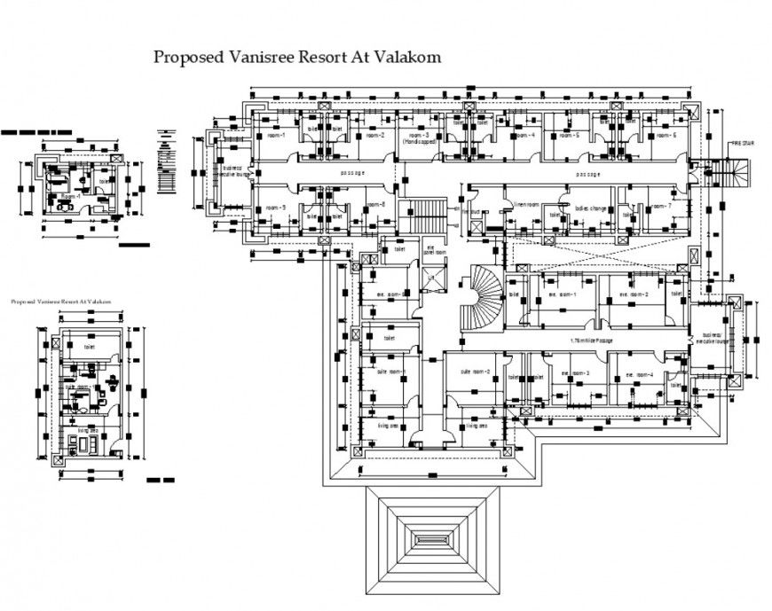 Resort building detail 2d view plan autocad file