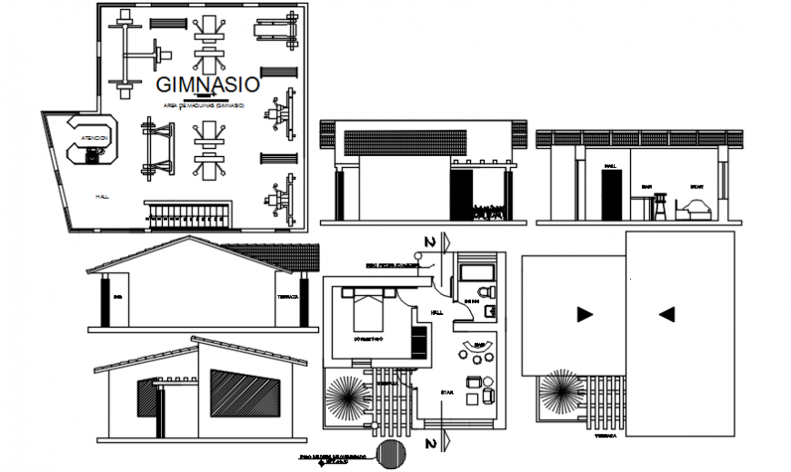 Resort cottage elevation, section, plan and gym layout details dwg file