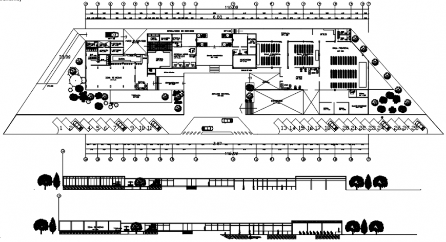 Restaurant and conventions center drawings 2d plan and elevation dwg file