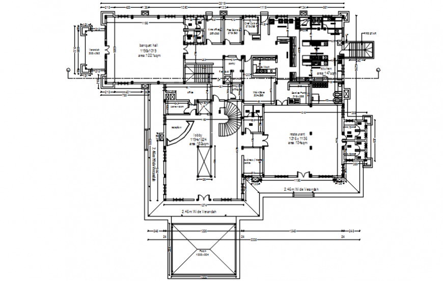 Restaurant block distribution plan drawing details for hotel building dwg file