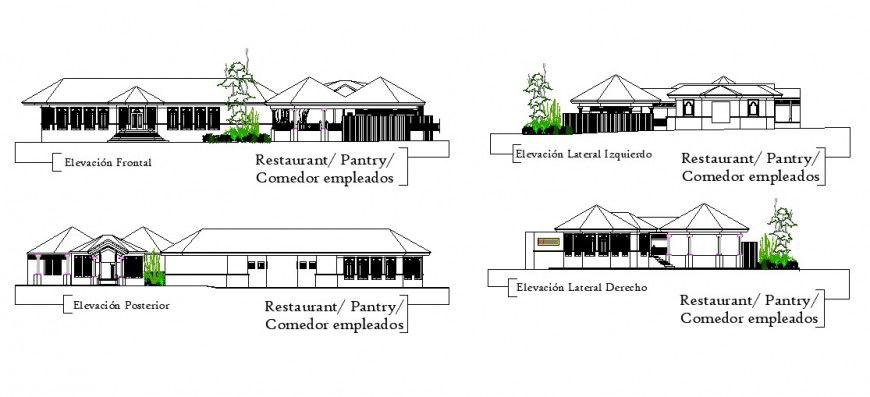 Restaurant building blocks elevation detail 2d view layout file in dwg format